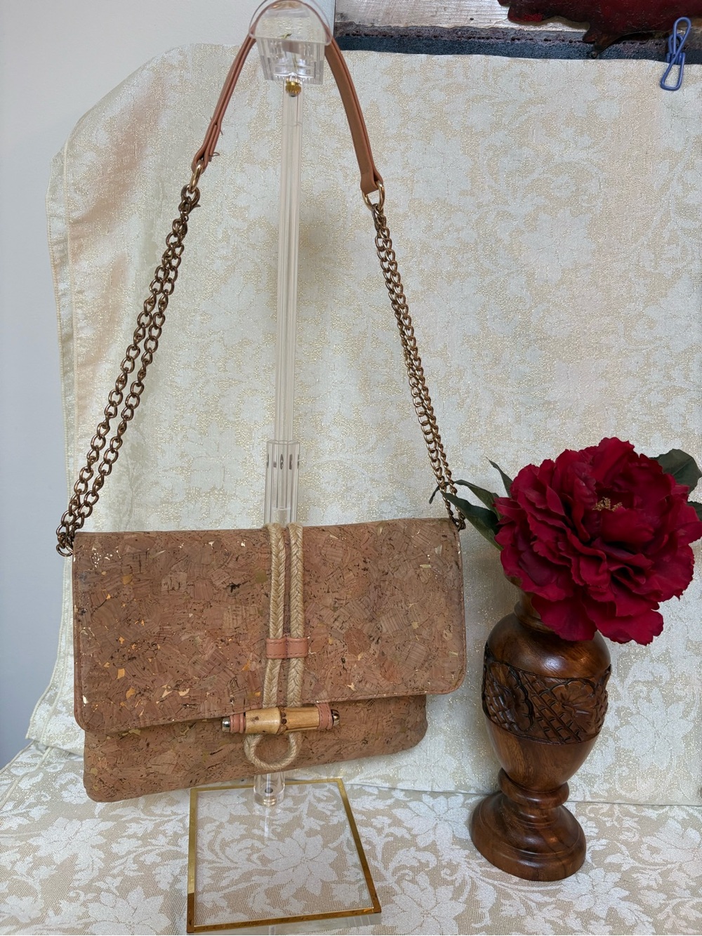Sondra Robert’s Cork Chain Shoulder Bag in Natural Brown